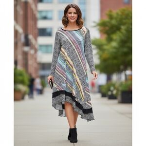 Nygard Asymmetrical Hem Dress in Black and Multicolor With Sheer Sleeves Size L